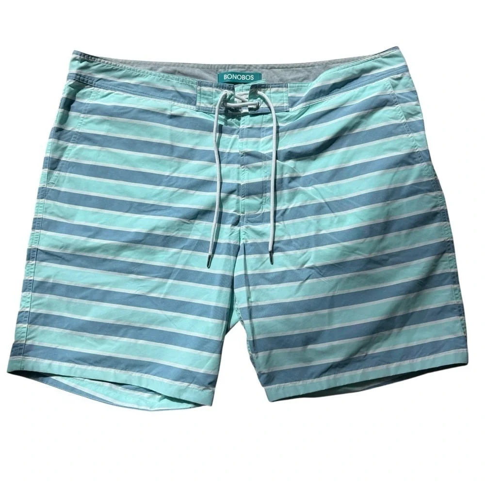 Bonobos Men's 8” Striped Swim Trunks Blue Size 38 Mesh Lining Tie Front Summer
